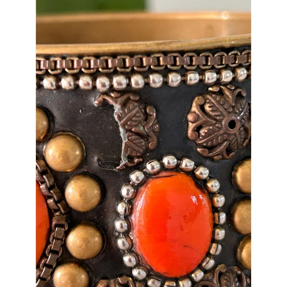 Vintage Boho Wide Cuff Bangle Bracelet Orange Cabochon Brass Tone Studded Ethnic
